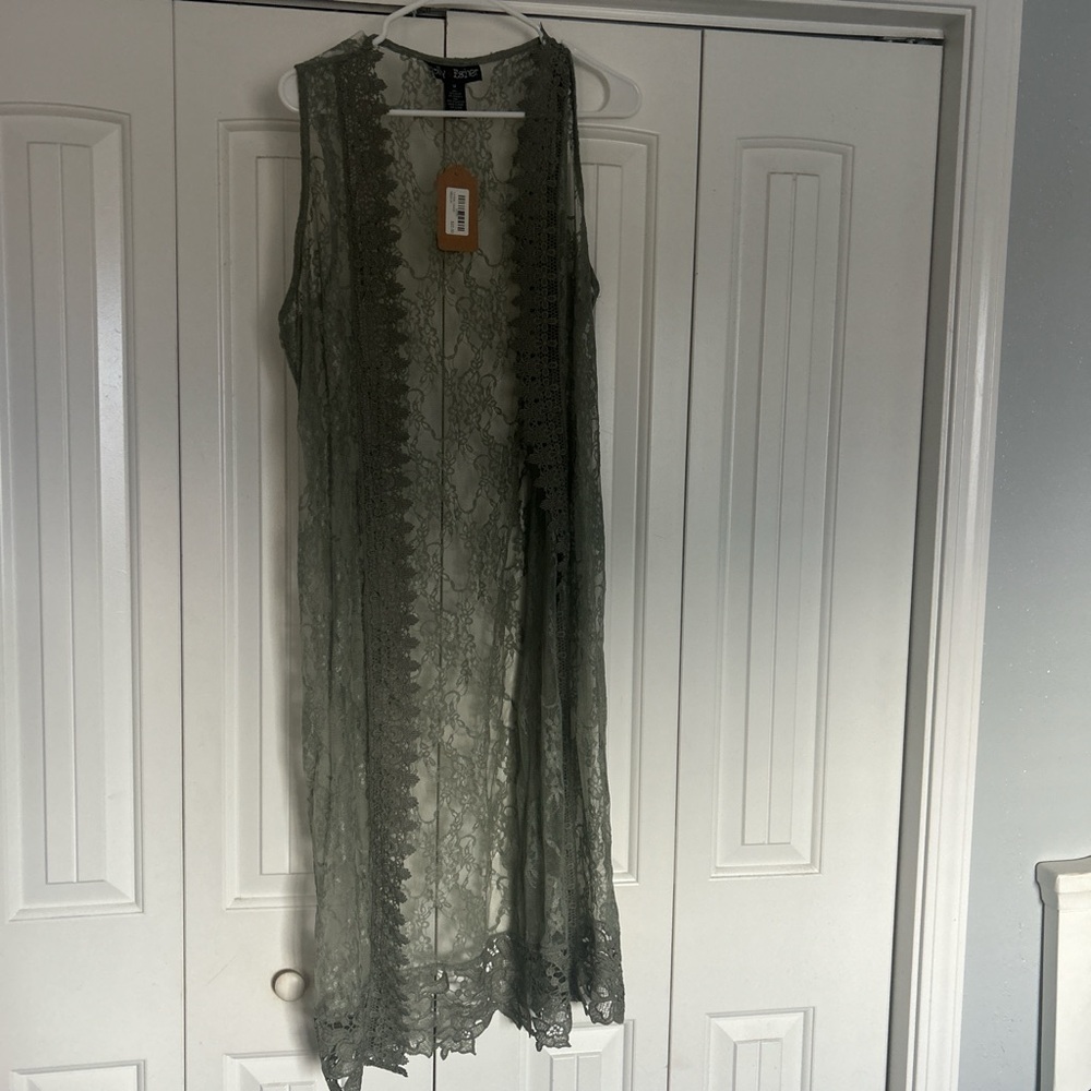 Polly & Esther Olive Lace Duster Vest